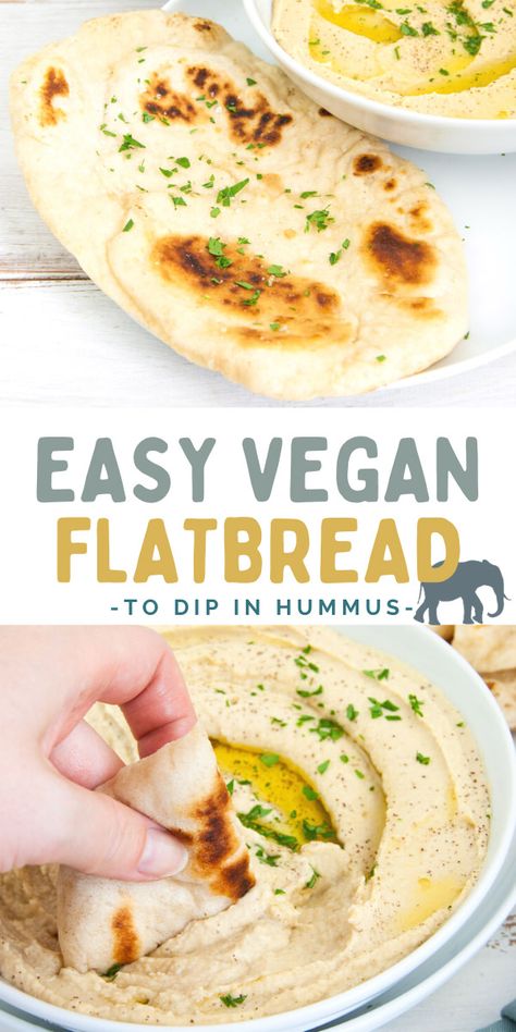 You will absolutely love this Easy Vegan Flatbread which is perfectly soft and fluffy! There is literally no better flatbread to dip in hummus. | ElephantasticVegan.com #flatbread Vegan Flat Bread, Vegan Flatbread Recipes, Vegan Flatbread, Vegan Greek, Vegan Bread Recipe, Vegan Hummus, Vegan Bakery, People Food, Vegan Bread