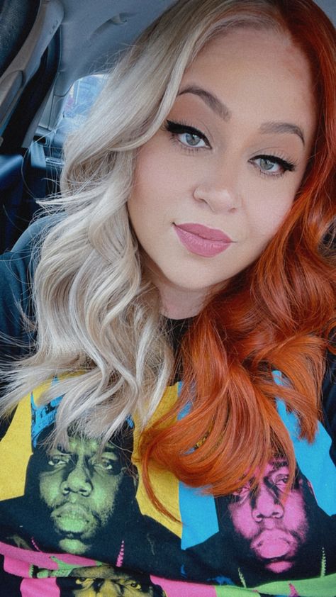 Orange And White Split Dye Hair, Red And Blonde Split Dye Short Hair, Split Copper Hair, Copper Blonde Split Dye, Half Blonde Half Copper, Copper And Blonde Hair Split, Copper And Blonde Split Dye, Half Red Half Blonde Hair, Red And Blonde Split Dye