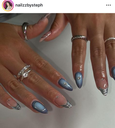 Isolated Chrome Nails, Chrome Nails Blue, Blue Nail Design, Nail Theory, Rave Nails, Blue Chrome Nails, Nails Care, Chrome Nails Designs, Blush Nails