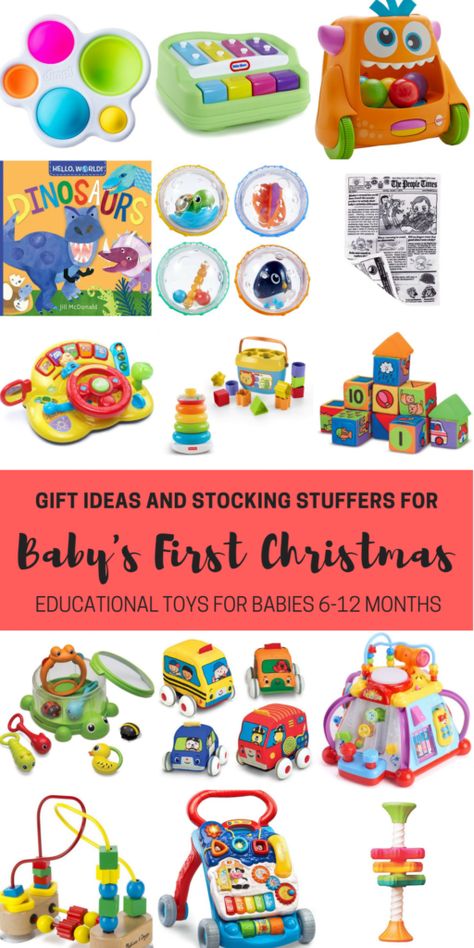 Gift ideas and stocking stuffers for baby's first Christmas. Educational toys for babies 6-12 months including toys that promote sitting, standing, crawling and walking! A list of 20 gift ideas including a short description of how they promote babies development. Stocking Stuffers For Baby, Baby's First Christmas Gifts, Best Baby Toys, Toys For Babies, Baby Christmas Gifts, Gifted Education, Baby's First Christmas, Baby Development, Stocking Stuffer Gifts