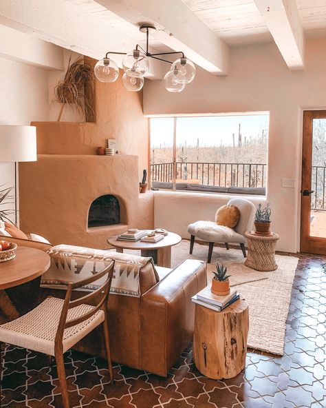 Terra Cotta Color Ideas and Inspiration | Hunker Southwestern Living Room, Joshua Tree House, Tiles Living Room, The Joshua Tree, Color Palette Living Room, Southwestern Home, Fireclay Tile, Surf Shack, Corner Fireplace