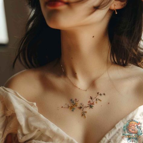 The Bold and Beautiful: Exploring the Allure of Collar Bone Tattoos: 123 Designs - inktat2.com Delicate Collarbone Tattoo, Collarbone Tattoo Flower, Shoulder Collar Bone Tattoo For Women, Flower Collar Bone Tattoo, Clavicle Tattoos For Women, Collarbone Tattoos For Women, Clavicle Tattoos, Tattoo Collar Bone, Collar Bone Tattoos