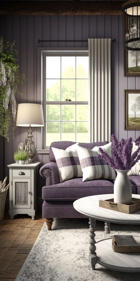 Violet Living Room Ideas, Gray Farmhouse Living Room, Violet Living Room, Lilac Living Room, Lavender Living Room, Grey Farmhouse Living Room, Purple Living Room Ideas, Long Narrow Living Room, Autumn Living Room