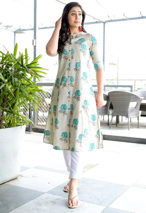 A Line Princess cut, one side pocket, India's top most brand approved Patern and prints    As always Best Quality Guarantee    Fabric : Cotton Flex  Sizes : 38, 40, 42, 44 46  Work : Buttons on neck  Sleeves : 3/4  Color : Off white base Green flowers  Style : A line, Princess cut with one pocket Kurta    Price : 795/- Free shipping Princess Cut Kurti Design, Pocket Kurta, Women Kurti, Gold Bangle Set, Designer Kurti Patterns, Kurti Patterns, Kurti Design, Bangles Design, Designer Kurti