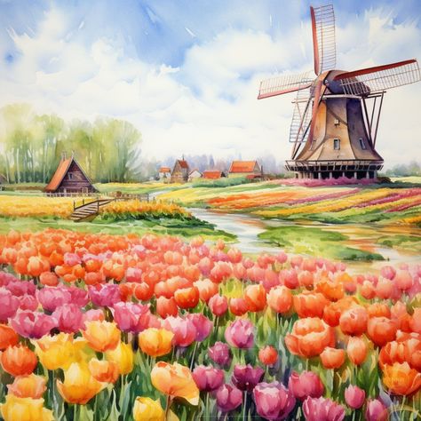 Holland Painting, Windmill Images, Tulips Field, Colorful Backdrop, Holland Windmills, Travel Art Journal, Tulip Painting, Floral Carpet, Dutch Windmills