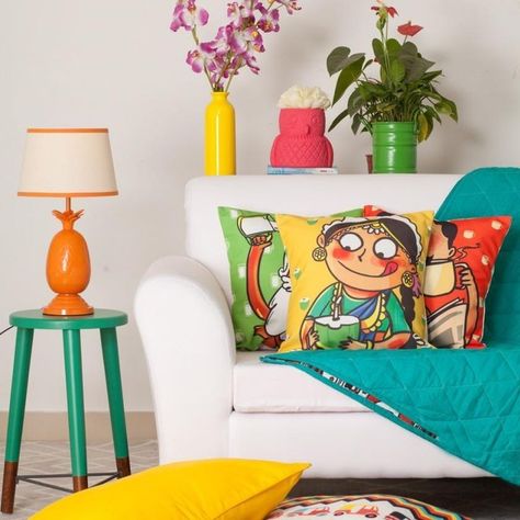 Indian Room Decor, Colourful Living Room Decor, Quirky Home, Cushion Cover Designs, Colourful Living Room, Quirky Home Decor, Indian Decor, Creative Home Decor, Indian Home Decor