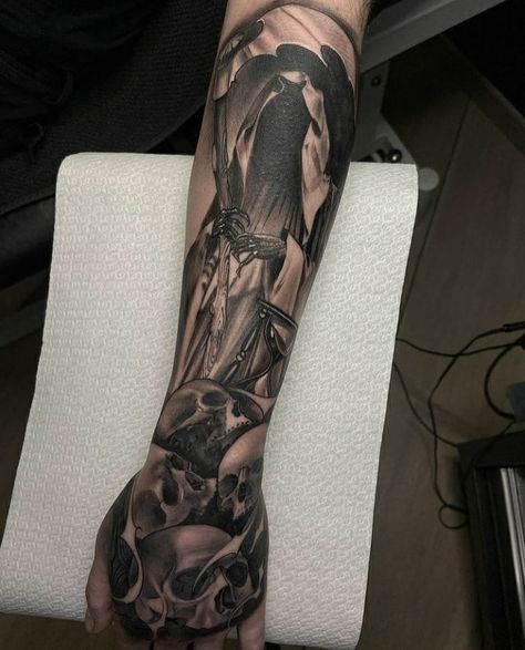 Black and white tattoo design, cover up, gream reaper, skull Gream Reaper Tattoo, Gream Reaper, Reaper Tattoo, Tattoos