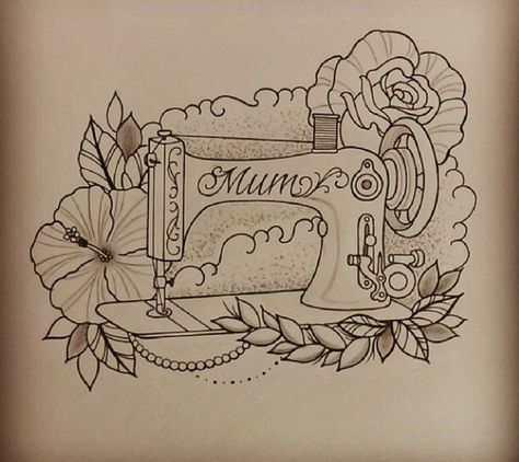 Sewing machine tattoo Sewing Machine Tattoo Design, Sewing Machine Tattoos, Vintage Sewing Machine Tattoo, Singer Sewing Machine Tattoo, Sewing Tattoo Grandma, Sewing Tattoo Design, Trashy Tattoos, Sleeve Reference, Sewing Tattoo