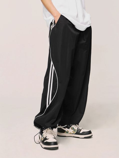 Black Casual Collar  Fabric Striped Straight Leg Embellished Non-Stretch  Men Clothing Baggy Dance Pants, Pattern Pants Men, Stripes Men Outfit, Sport Pants Outfit Men, Sportswear Chic, Baggy Joggers, Solid Color Pants, Casual Wide Leg Pants, Men Pants