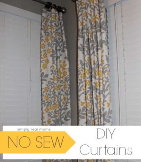 DIY No-Sew Curtains Sew Curtains, Tablecloth Curtains, Yellow Curtains, No Sew Curtains, Drop Cloth Curtains, Simple Curtains, Rustic Curtains, Real Moms, Room Curtains