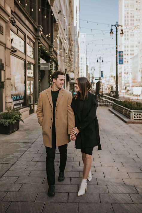 Detroit Engagement Session Date Night Dress With Black Heels, Fall Engagement Outfits, Urban Engagement Photos, Long Silk Dress, Engagement Outfit Ideas, Engagement Photo Outfits Fall, Urban Engagement, Couple Fits, City Engagement Photos