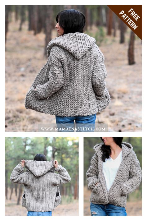 Alamosa Hoodie Free Crochet Pattern Crochet Cardigan Pattern Free Women, Free Crochet Jacket Patterns, Easy Beginner Crochet Patterns, Crochet Jacket Pattern, Crochet Cardigan Pattern Free, Gilet Crochet, Crochet Hoodie, Baby Frock Pattern, Pull Crochet