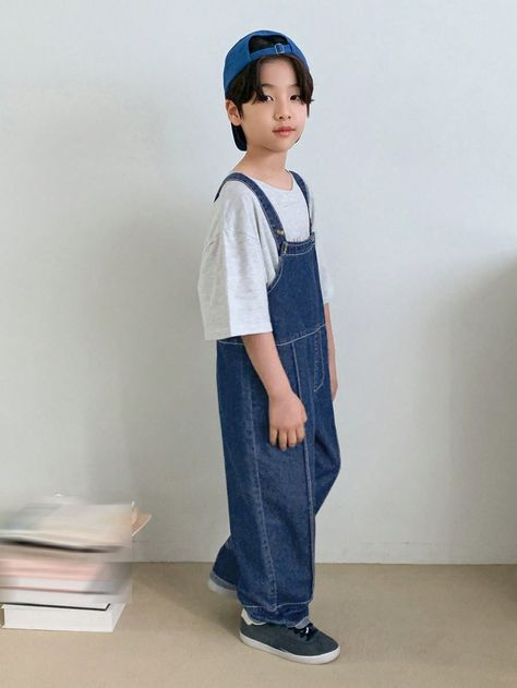 Tween Boys Brede Band Knoop Zak Denim Overall En Jumpsuit Blauw   Mouwloos Denim Eenkleurig Jumpsuit Niet stretchy  Tween Boys Clothing, size features are:Bust: ,Length: ,Sleeve Length: Jumpsuit Blue, Blue Boy, Denim Overalls, Boys Clothing, Wide Straps, Boy's Clothing, Denim Jeans, Overalls, Kids Outfits