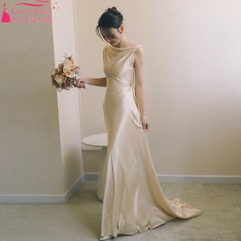 Simple Silk Satin Mermaid Wedding Dress ,Draped Back .Champagne Elegant Boho Bridal Gowns Chic  ZW1200 - AliExpress 320 Champagne Silk Dress, Low Back Wedding Gowns, Satin Mermaid Wedding Dress, Satin Bridal Gowns, Boho Bridal Gowns, Satin Wedding Dress, Boho Bridal, Ao Dai, Mermaid Wedding