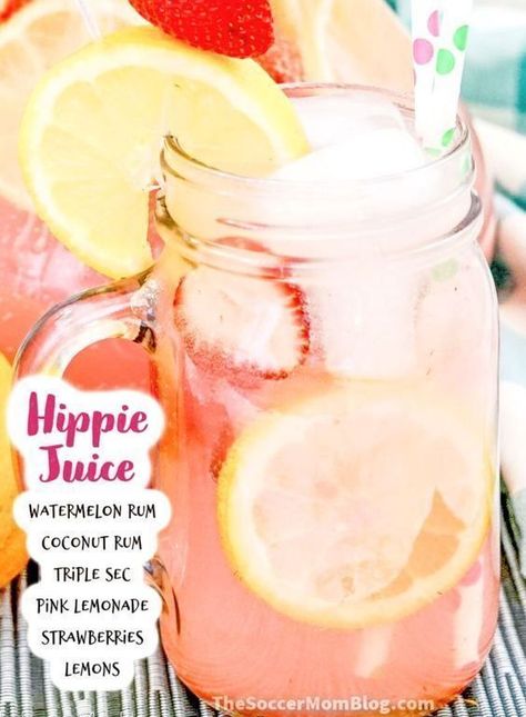 If you are looking for a delicious and refreshing summer treat, then you need to try this hippie juice recipe from the Soccer Mom Blog! This alcoholic drink is filled with watermelon rum, coconut rum, pink lemonade, and strawberries. Make this delicious hippie juice this summer! Hippie Juice Recipe Gallon, Hippie Juice Recipe, Pink Lemonade Punch, Fruity Cocktail Recipes, Hippie Juice, Coconut Rum Drinks, Vodka Mixed Drinks, Watermelon Syrup, Sugar Free Lemonade