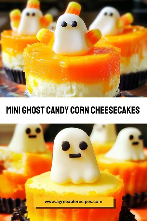 Try these Mini Ghost Candy Corn Cheesecakes for a festive and easy-to-make Halloween dessert! Perfect for parties and guaranteed to make your guests smile Mini Ghost, Halloween Dessert, Festive Desserts, Halloween Desserts, Halloween Recipes, Candy Corn, Corn, Cheesecake, Ghost