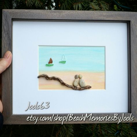 Pebble Art Beach Scene, Pebble Art Beach, Shell Gifts, Sea Glass Diy, Twig Crafts, Sea Glass Art Projects, Sailing Art, Sailboat Art, Glass Diy