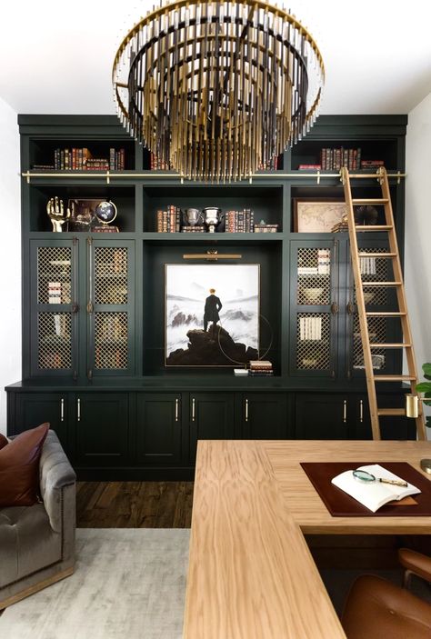 Upscale Office, Bar Library, Moody Office, Home Office Library, Home Library Design, Studio Living, Modern Cabinets, Home Library, A Living Room