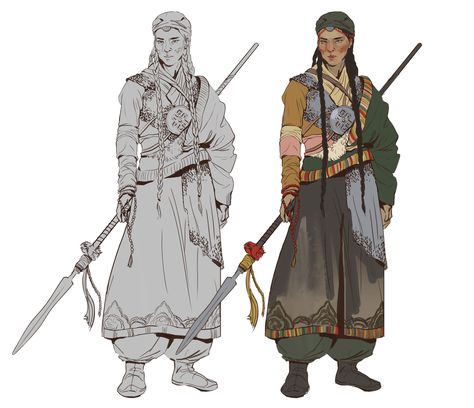 Tibetan Warrior, Flat Shading, Armadura Medieval, Concept Art Character, Warrior Girl, Character Design References, Traditional Clothing, Character Creation, Fantasy Clothing