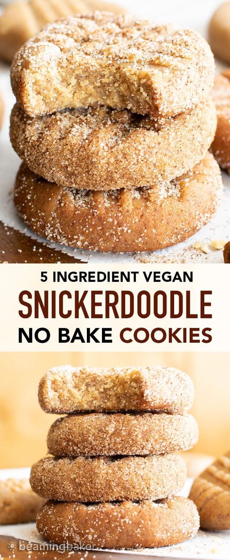 5 Ingredient No Bake Snickerdoodle Cookies (Vegan, Gluten Free) - Beaming Baker Thermomix Cheesecake, Gluten Free Snickerdoodle Cookies, Healthy Baking Desserts, Gluten Free Snickerdoodles, Snickerdoodle Cookies, Low Carb Snack, Dessert Aux Fruits, Desserts Vegan, Vegan Mac And Cheese