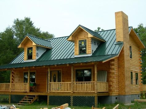 green metal roof | house paint colors I like | Pinterest | Green ... Log Cabin With Green Metal Roof, Log Home Green Metal Roof, Cabin With Green Metal Roof, Green Metal Roof Houses Color Combos, Green Metal Roof, Cabin Furnishings, Tin Roof House, Log Homes Exterior, Green Roof House