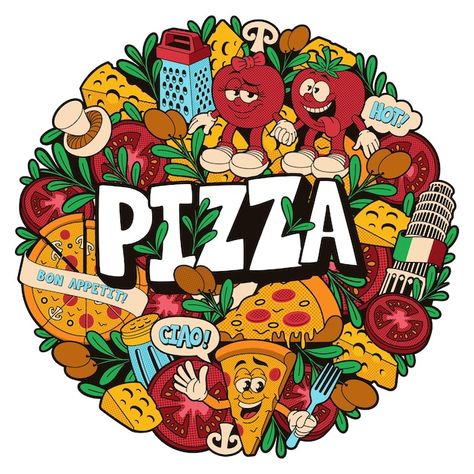 Fast Food Wallpaper, Pizza Illustration, Pizza Wallpaper, Group Drawing, Happy Doodle, Doodle Monster, Happy Doodles, Food Wallpaper, Drawing Style