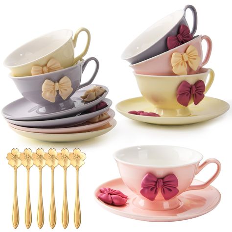 PRICES MAY VARY. Ideal Choice: 2 yellow, 2 purple, 2 pink, a total of 3 colors, Cup and saucer set comes with 6 cups (8.4 oz/250ml), 6 saucers (6.1in), 6 spoon (5in). The coffee cup and saucer set are perfect for cappuccino, espresso, macchiato, caffe latte, demitasse, tea and coffee Safety & Material: Cup and saucer is made of lead free and non-toxic premium ceramics, naturally retains heat for coffee or tea with a longer time. Note: dishwasher safe but do not microwave it Practical & Convenien Pretty Coffee Cups, Purple Tea Cups, Plastic Tea Cups, Espresso Macchiato, Yellow Tea Cups, Quince Themes, Office Presents, Purple Tea, Cute Tea Cups