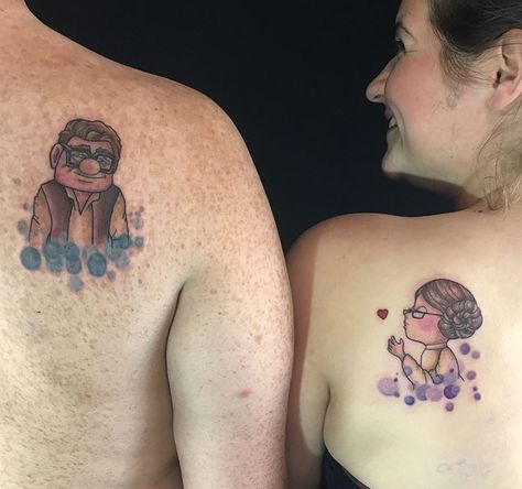 Disney couple matching tattoos Carl and Ellie up as Han and Leia Star Wars Disney Husband And Wife Tattoos, Star Wars Couple Tattoo Ideas, Up Couple Tattoos, Up Tattoo Disney Couple, Carl And Ellie Tattoo, Up House Tattoo, Disney Matching Tattoos, Couple Matching Tattoos, Disney Couple Tattoos