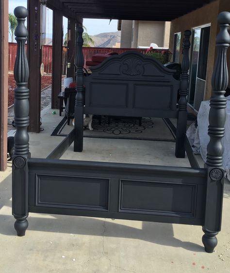 After pic of a bed I repainted with a black chalk paint and waxed How To Paint Bedroom, Distressed Bedroom Furniture, Chalk Paint Bed, Bedroom Furniture Black, Carved Beds, Paint Bedroom, Painted Beds, Bed With Posts, Bedroom Furniture Makeover