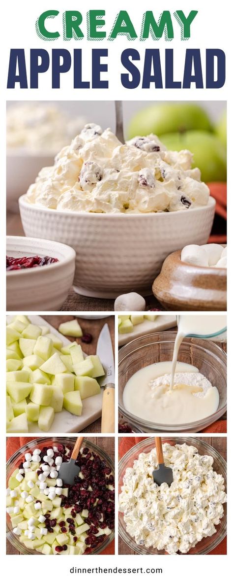 Creamy Apple Salad is an old-fashioned cool and creamy dessert salad made with tart apples, cranberries, cool whip, and mini marshmallows. Apple Marshmallow Salad, Creamy Apple Salad, Apple Salad With Cool Whip, Apple Salad With Marshmallows, Apple Grape Salad Recipe, Apple Salad Recipe Easy, Marshmellow Salad, Apple Salads, Apple Salad Dressing