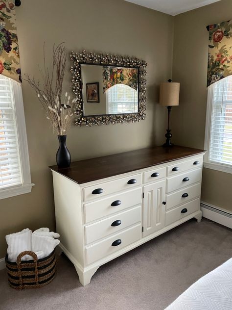 White Chalk Paint Dresser With Dark Top, Brown And White Bedroom Furniture, Antique White Dresser Diy, Espresso Stained Furniture, White Dresser With Brown Top, White Dresser Redo, Elegant Dresser Decor, Paint Top Of Dresser, White And Stained Dresser