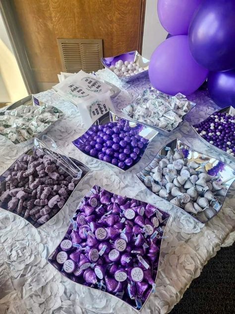 Purple and White candy Sweet 16 Decorations Purple And Silver, Purple Birthday Snacks, Purple Candy Bar Ideas, Purple And White Party Ideas, 16 Shades Of Purple Party, Sweet 16 Party Ideas Purple And Silver, Sweet 16 Decorations Purple, Purple And White Graduation Party Ideas, Purple Party Food