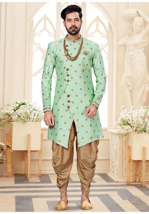 Mint Green Woven Jacquard Indo Western Dhoti Sherwani, Sherwani For Groom, Indowestern Dress, Indowestern Sherwani, Sherwani For Men Wedding, Wedding Dresses Men Indian, Sherwani Groom, Coloring For Boys, Sherwani For Men