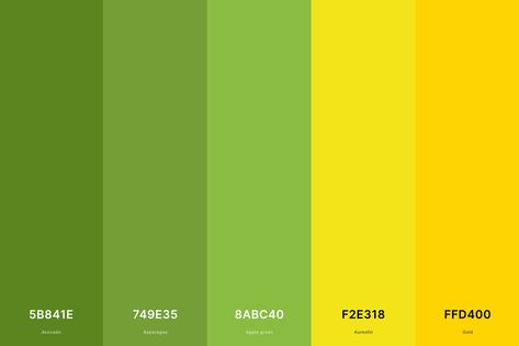 Green And Yellow Color Palette, Green Color Palettes, Color Palettes With Names, Color Palette With Hex Codes, Yellow Color Palette, Green Branding, Yellow Palette, Bright Color Schemes, Green Color Palette