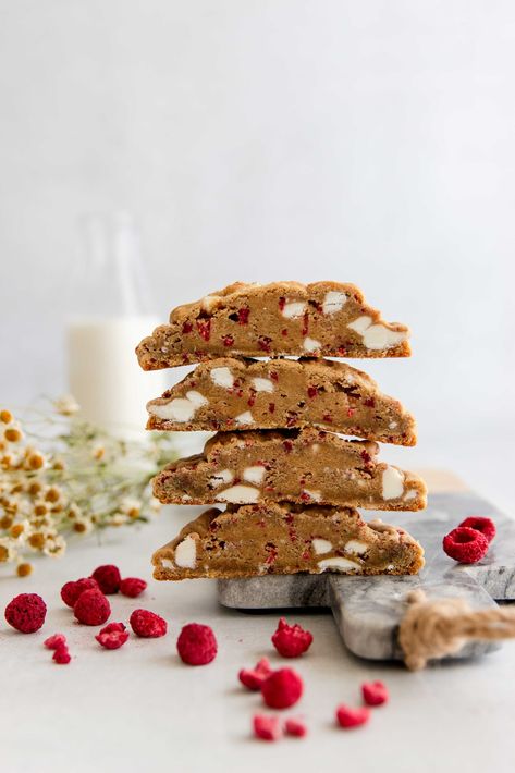 brown butter raspberry white chocolate cookies Milkshake Cookies, The Palatable Life, Palatable Life, Raspberry White Chocolate Cookies, White Chocolate Cookie Recipes, Raspberry Recipe, Cookies And Cream Milkshake, Assorted Cookies, Brown Butter Cookies