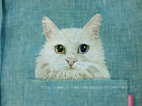 hand embroidered white cat in the pocket on the fine light blue green linen shirt for women Embroidered Cat, Cat Machines, Floral Cross Stitch Pattern, Cute Cat Face, Cat Embroidery, Embroidery Tshirt, Stuffed Animal Cat, Cats Artists, Bird Embroidery