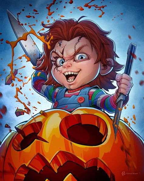 Halloween Chucky Chucky Pumpkin, Patrick Brown, Chucky Horror Movie, Childs Play Chucky, Chucky Doll, Pumpkin Carving Patterns, Bride Of Chucky, Classic Horror Movies, Very Scary