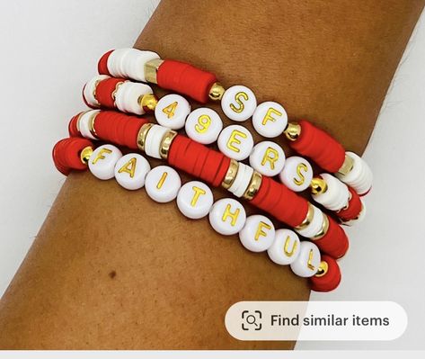 Clay Bead Bracelet Ideas Football, 49ers Bracelet Ideas, Chiefs Clay Bead Bracelet, Chiefs Heishi Bracelet, Heishi Bead Bracelet Christmas, 49ers Beaded Bracelet, 49ers Bracelet, Football Bracelet, Diy Beaded Bracelets