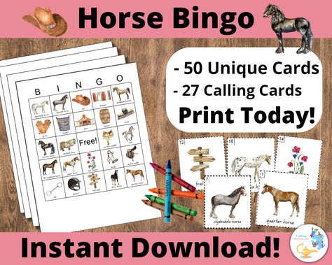 Horse Bingo Cards: Printable bingo cards, 50 cards, equestrian party, kids game activity, Horse breed bingo, Horse party activity, Cowboy bingo, Cowboy party, English riding, Western RidingLearn about Horses and Cowboys while you play this fun bin... Horse Party Games, Horse Bingo, Horse Birthday Party Games, Hannukah Activities, Equestrian Party, Father's Day Games, Printable Bingo Cards, Tea Party Games, Different Horse Breeds