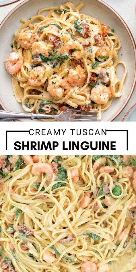 Shrimp Bacon Linguine Recipe, Shrimp Linguine Recipe Healthy, Creamy Tuscan Shrimp Linguine, Pasta And Seafood Recipes, Linguine Shrimp Pasta, Seafood Linguine Recipe Creamy, Creamy Linguine Recipes, Creamy Shrimp Linguine Recipe, Shrimp Linguini Recipe