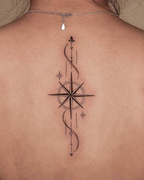 Feather Arrow Compass Tattoo, Arrow And Compass Tattoo Women, Stars And Arrows Tattoo, Cute Arrow Tattoos For Women, Nautical Spine Tattoo, Compus Tattoos Designs For Women, Aesthetic Compass Tattoo, Unique Compass Tattoos For Women, Compass Needle Tattoo