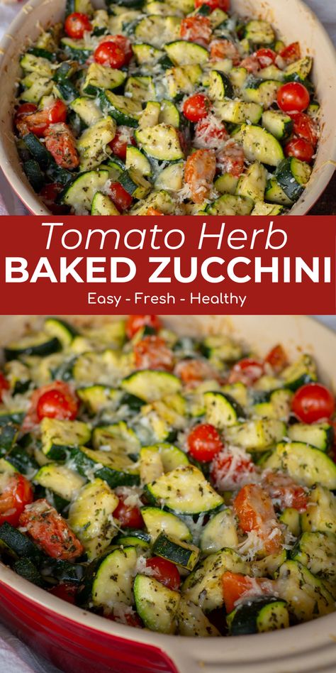 This Baked Herb Tomato Zucchini is the recipe to get zucchini skeptics to eat their vegetables. With flavors that remind me of a tomato bruschetta, they might even reach for a second helping! With just a few simple ingredients and 10 minutes of prep, it is a great recipe to add to your rotation. Zucchini And Roma Tomato Recipes, Beet And Zucchini Recipes, Zucchini Mushrooms Tomatoes, Bake Zucchini And Squash, Zucchini Cherry Tomato Recipes, Zuchinis And Tomato Recipe, Zucchini Side Dishes Recipes, Zucchini Ideas Healthy Recipes, Zucchini Tomatoes Recipes