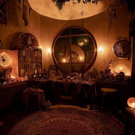 Witch Home Interior, Witch Study Room, Witchy Bar, Witch Room Aesthetic, Witch Living Room, Witch Cottage Interior, Witch House Interior, Witchy Office, Witchy Living Room