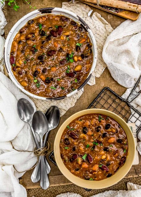 This low-fat, comforting, and flavorful Easy Calico Bean Soup is packed with healthy, hearty plant-based goodness in a rich, sweet, and smoky broth. #wholefoodplantbased #vegan #oilfree #glutenfree #plantbased | monkeyandmekitchenadventures.com Calico Bean Soup Recipe, Calico Bean Soup, Calico Beans, Clean Eating Soup Recipes, Monkey And Me Kitchen Adventures, Vegan Food Photography, Monkey And Me, Gluten Free Instant Pot, Clean Eating Soup