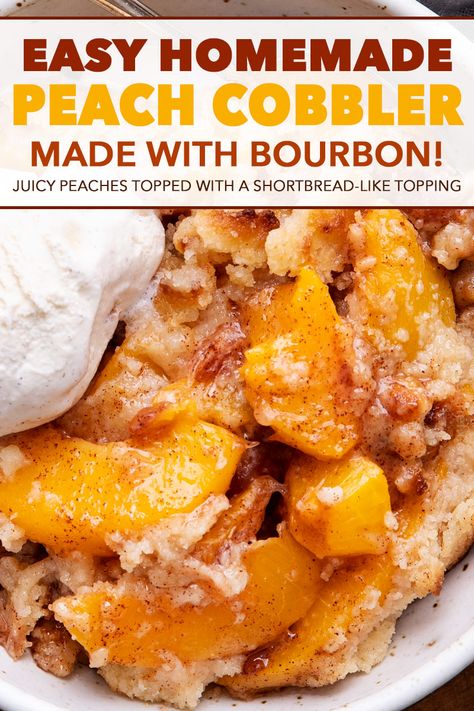 This peach cobbler is made with cinnamon sugared peaches, topped with a buttery shortbread-like topping, then baked to bubbly perfection!  Made with fresh, frozen or canned peaches, it's the perfect summer dessert recipe! #cobbler #peach #dessert #dessertrecipe #summer #peaches #southern #easydessert #easyrecipe Southern Peach Recipes, Fall Peach Cobbler, Whiskey Peach Cobbler, Spiced Peach Cobbler, Bourbon Snacks, Southern Peach Cobbler Deep South, Small Peach Cobbler, Creole Desserts, Frozen Peaches Recipes