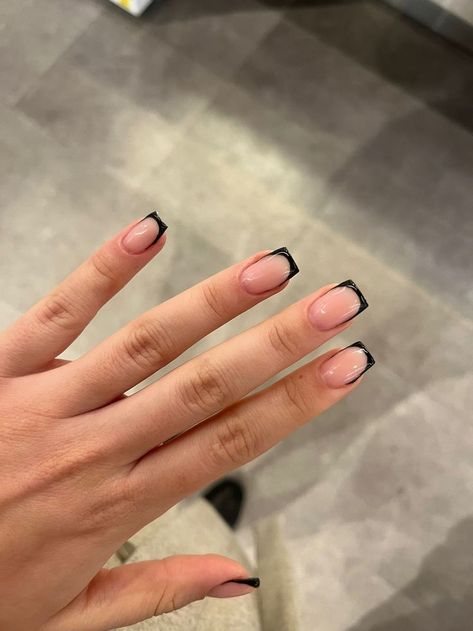 Black french nails Black Squared French Tips, Extra Short Black French Tip Nails, Gel French Nails Short, Plain Black French Tip Nails, Black Mini French Nails, White Nails Black French Tip, Short Black Tips Nails, Black Small French Tip Nails, Black French Tip Nails Squoval