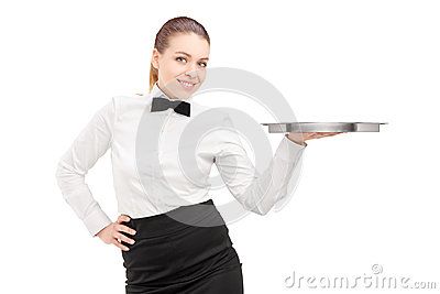 A Waitress With Bow Tie Holding An Empty Tray Royalty Free Stock ... Bow Reference Drawing, Holding A Bow Reference, Bow Reference, Figure Drawing Practice, Reference Drawing, Pose References, Drawing Practice, Stock Photography Free, Figure Drawing