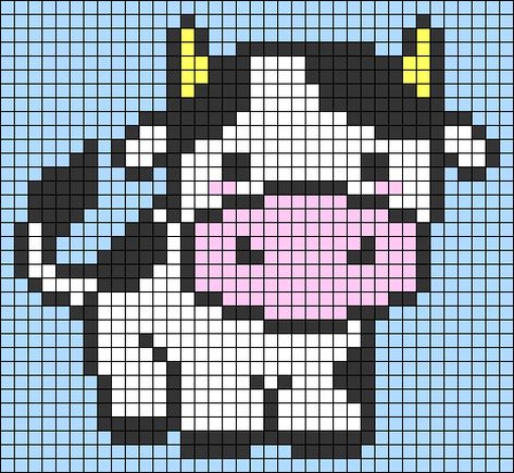 Cow Alpha Pattern Crochet, Cow Grid Pattern, Perler Bead Cow Pattern, Cross Stitch Cow Pattern, Cute Animal Pixel Art, Farm Pixel Art, Cow Pixel Art, Cute Pixel Art Grid, Alpha Patterns Pixel Art