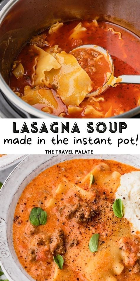 This instant pot lasagna soup from The Travel Palate is going to become a family favorite. This delicious soup uses jarred marinara sauce so you can get dinner on the table quickly. This easy recipe is a simple dinner that's great for a busy weeknight and sure to warm the whole family up on a cold day. Lasagna Soup Instant Pot, Instant Pot Lasagna Soup, Instant Pot Lasagna, Easy Lasagna Soup, Soup Instant Pot, Pot Lasagna, Instant Pot Recipe, Hearty Casseroles, Lasagna Soup