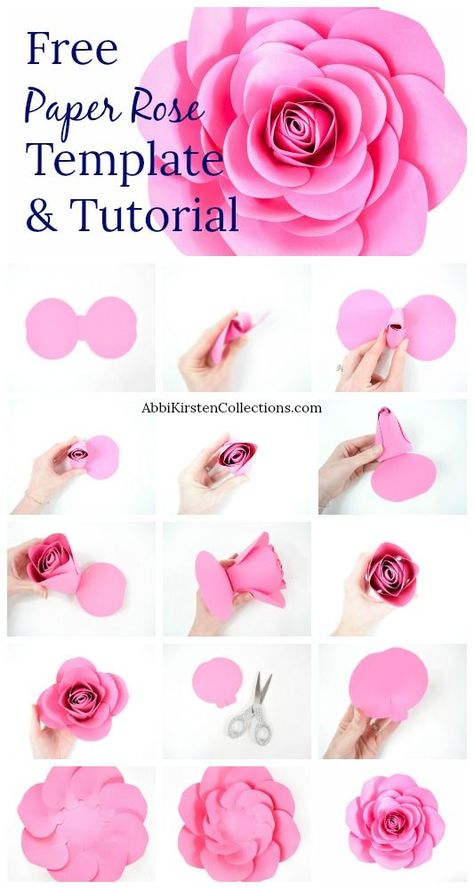 Creating your own paper roses is easy with these free large rose templates and step by step tutorial. Paper roses are perfect nursery, wedding, baby shower or home decor. Download you free printable templates here or use the paper flower svg cut files. Make Paper Roses, Free Paper Flower Templates, Paper Roses Diy, Rose Template, Paper Rose Template, Paper Flowers Diy Easy, Make Paper Flowers, Fleurs Diy, Folding Origami